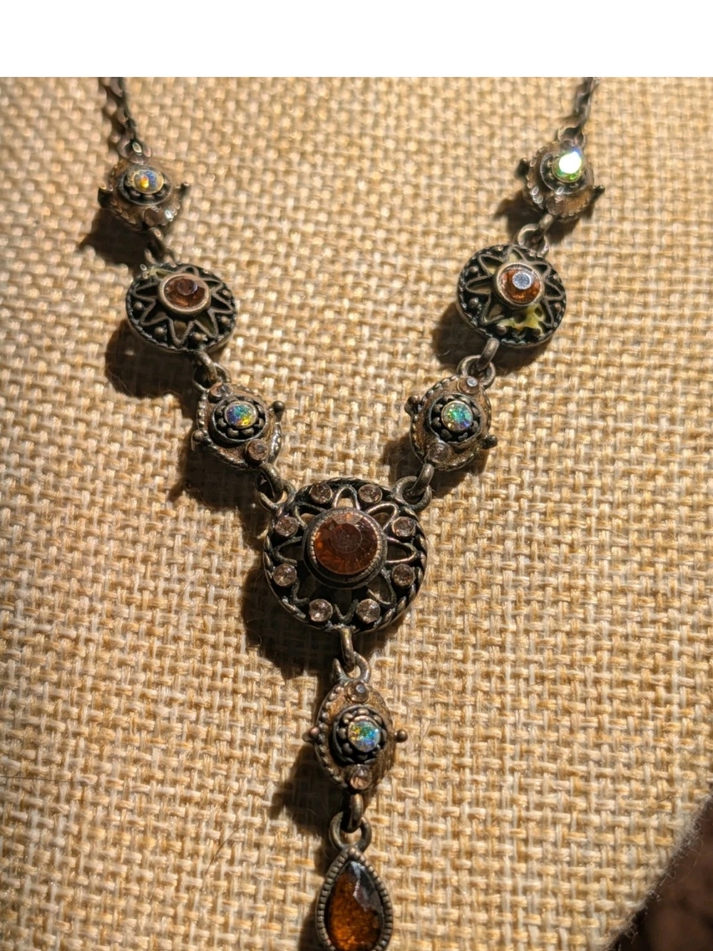 Vintage Nina Ricci Avon Marked NR Antique Bronze Rhinestones Lariat Y Necklace